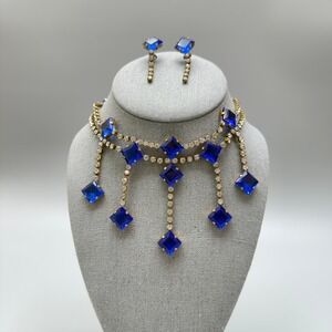 LILIEN CZECH Glass Demi Parure Electric Blue White Rhinestone Bib Necklace 14"